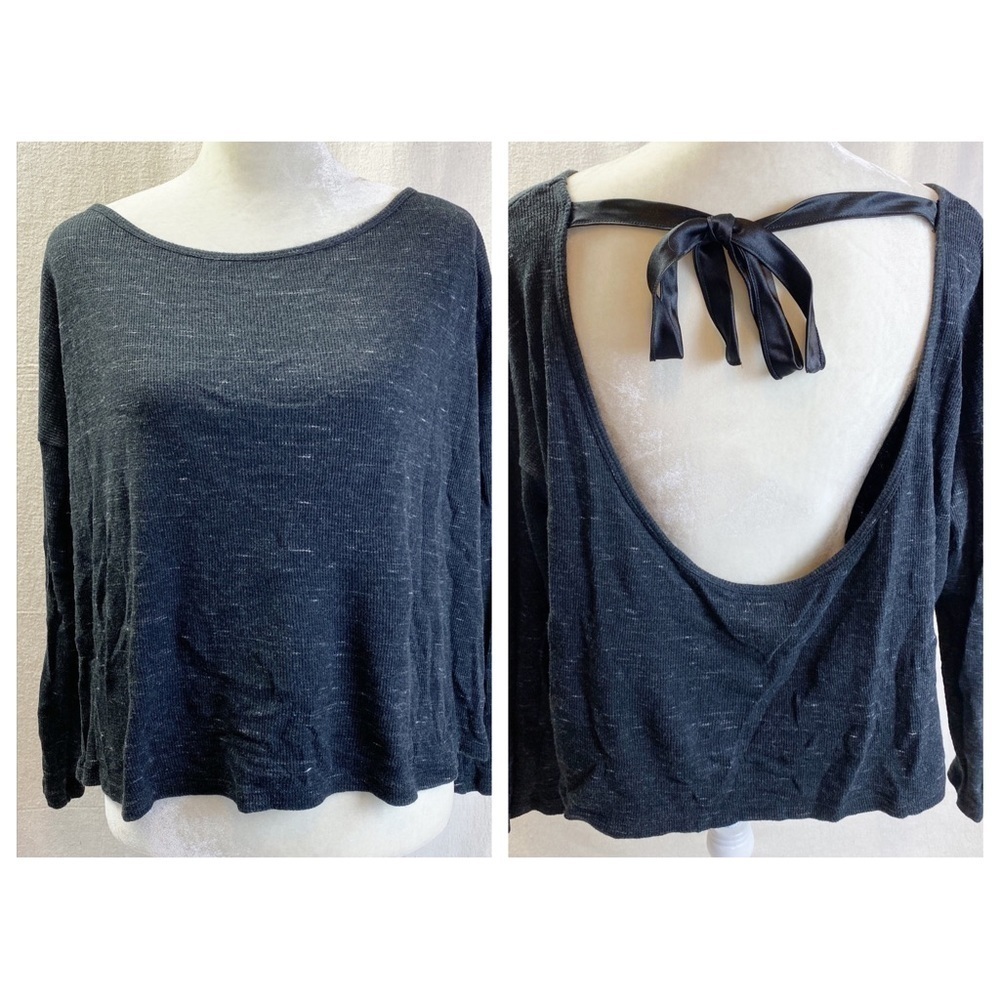 Aerie Waffle Knit Thermal Low Open Back Tie Long Sleeve boxy Top Black Grey S